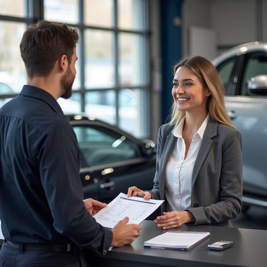 Customer discussing car repair options with a service advisor in Nijmegen