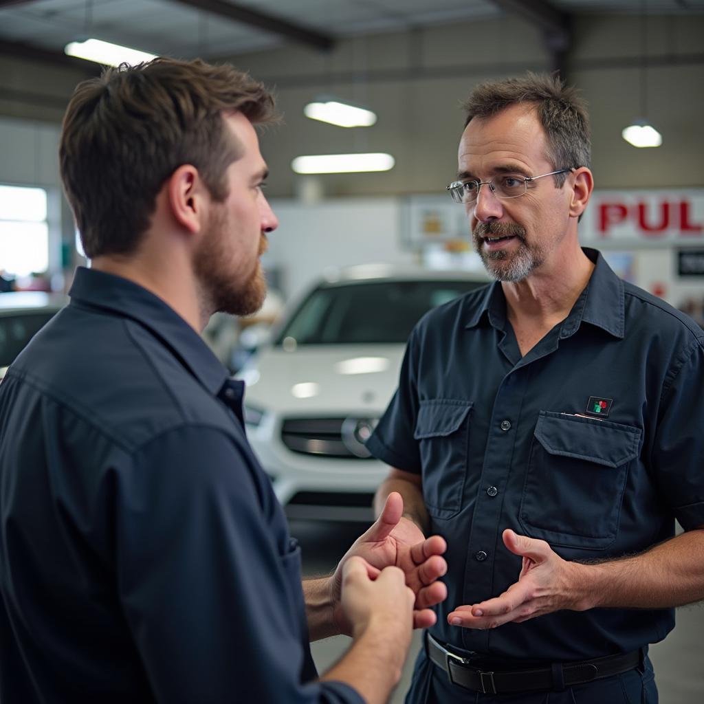 Customer discussing car issues with a mechanic in West Clinton, IL