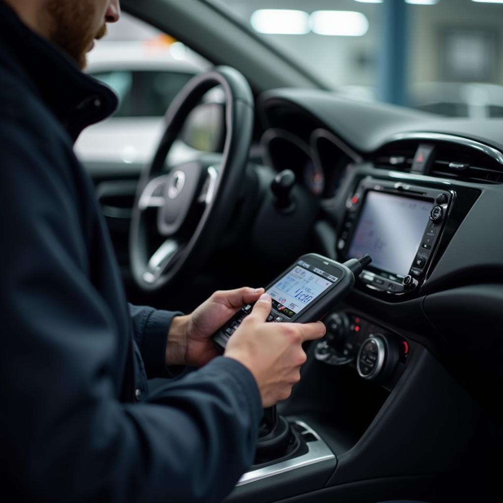 Advanced diagnostic equipment being used in an auto service center