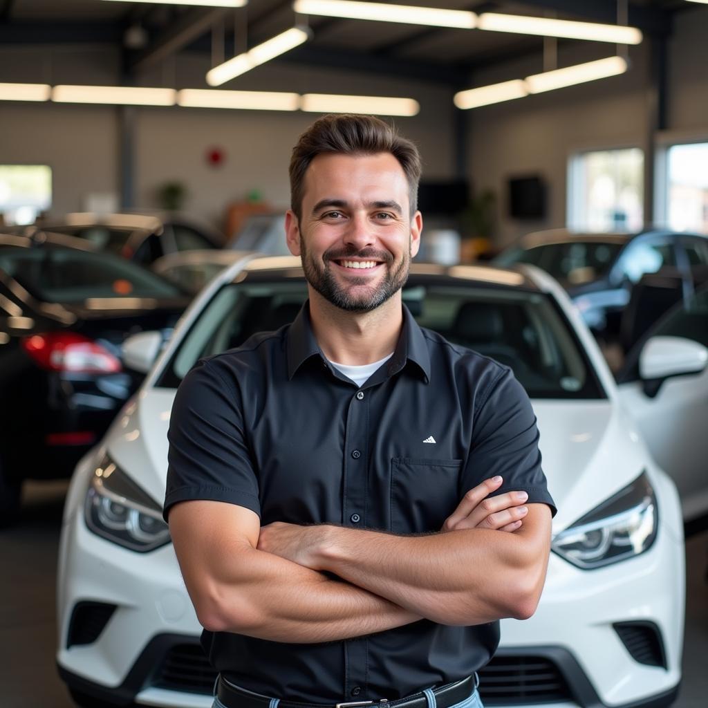 Auto service franchise owner smiling proudly in front of their shop.