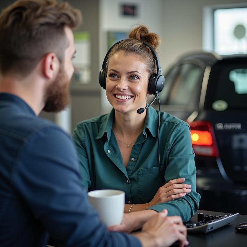 Friendly auto service customer service representative in Gander assisting a customer