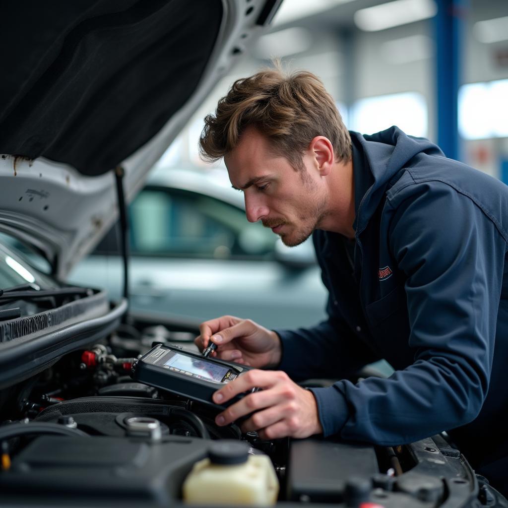 Experienced auto service technician in Gander diagnosing a car problem