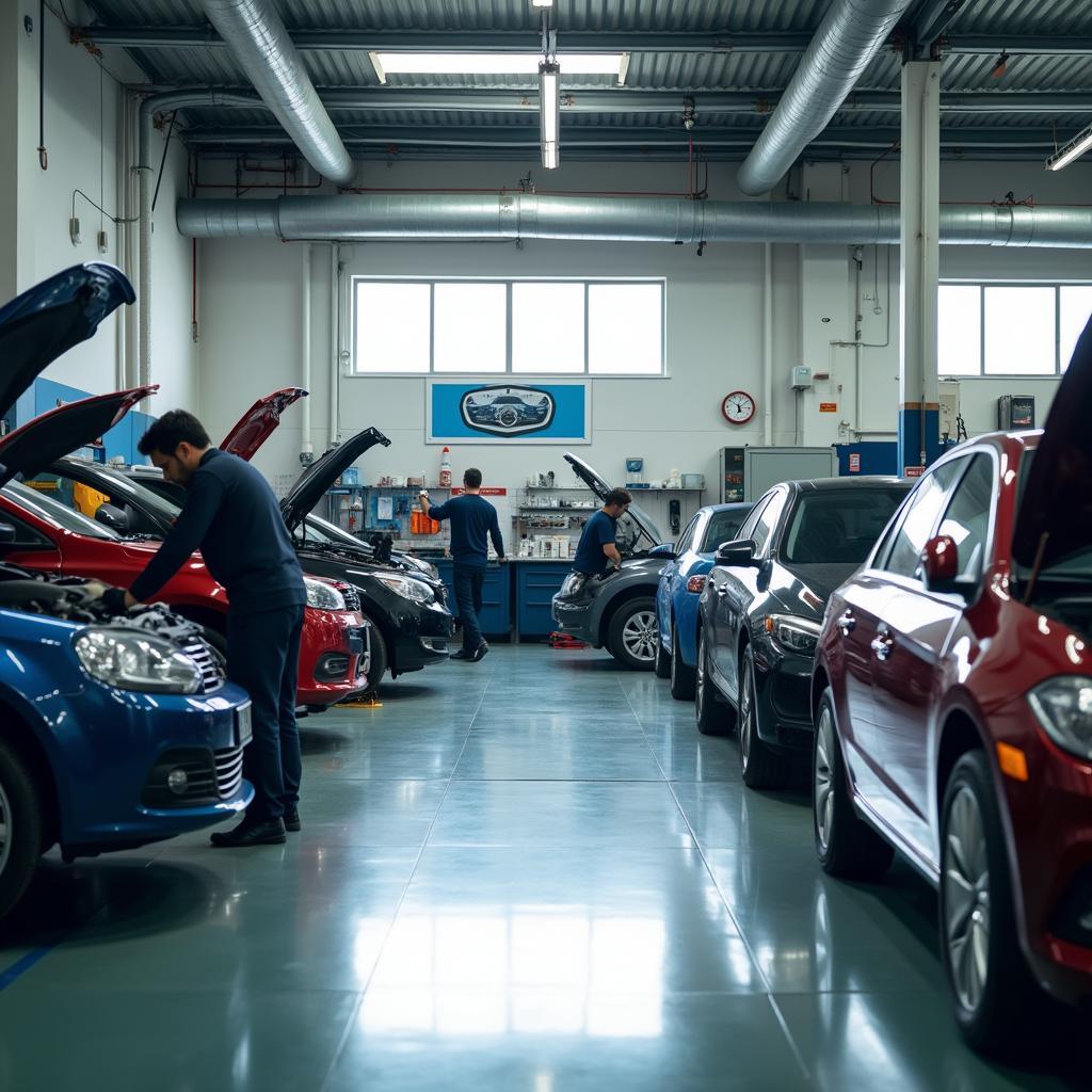 Mechanics working on a car in a garage