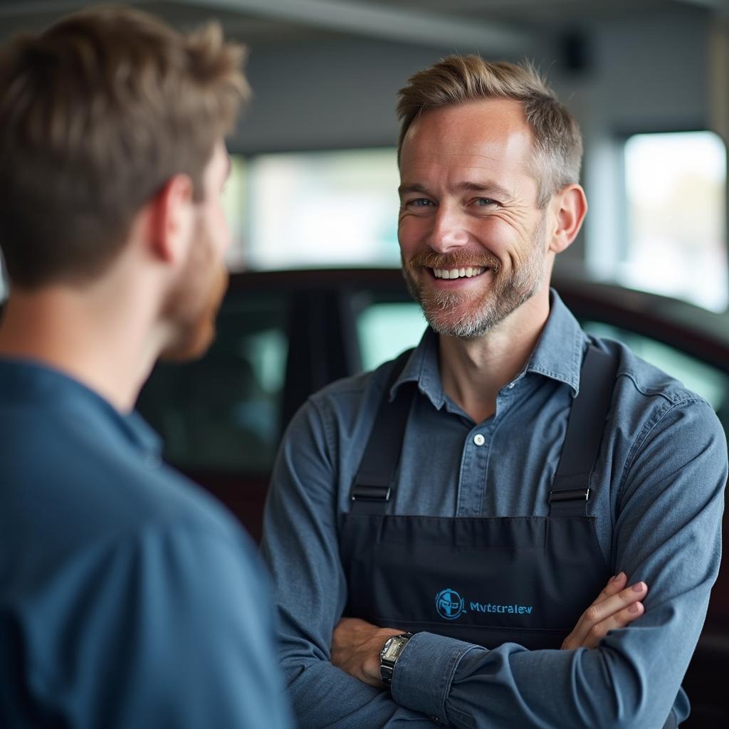 Friendly auto service advisor discussing car maintenance with a customer