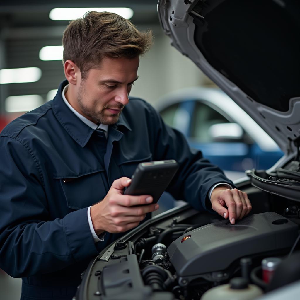 Experienced car mechanic in Gauchy diagnosing a car engine