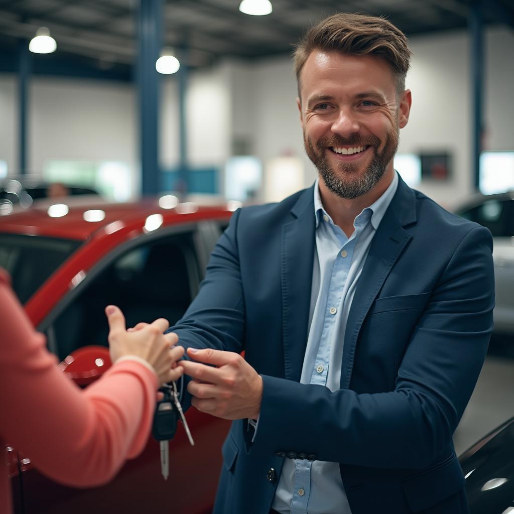 Customer Receiving Keys at Hicksville Auto Service