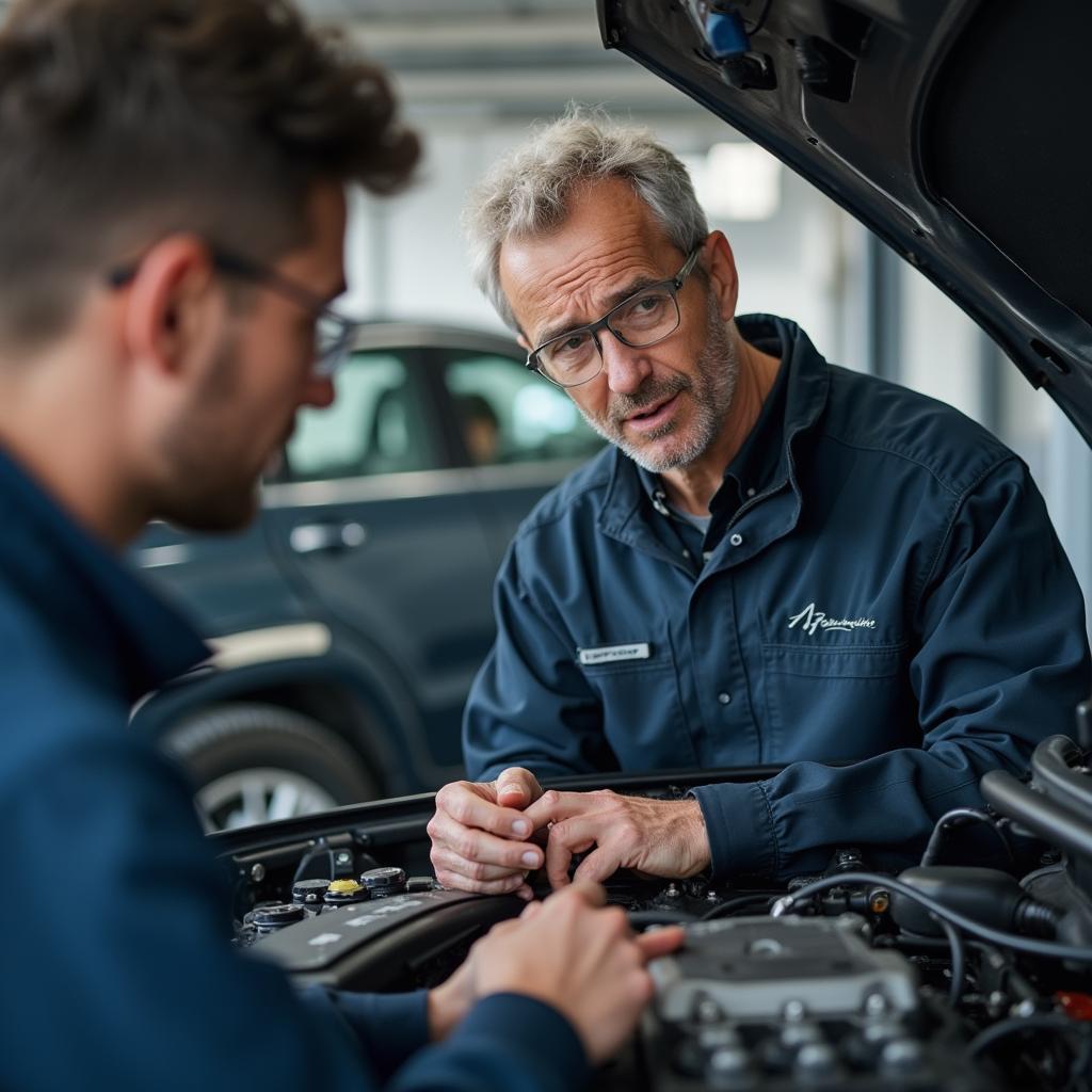 Auto service instructor explaining car engine components to a student