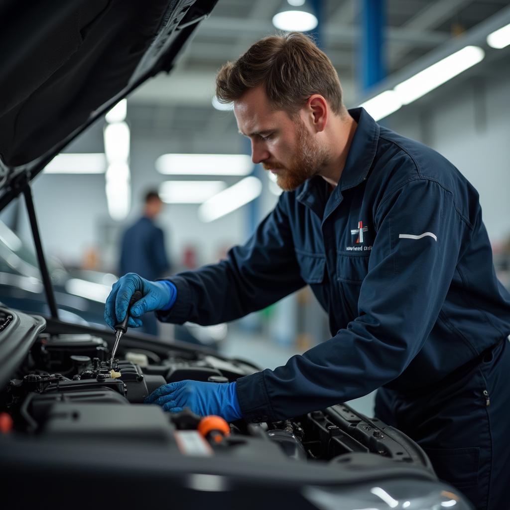 Certified mechanic in Kassel working on a car engine