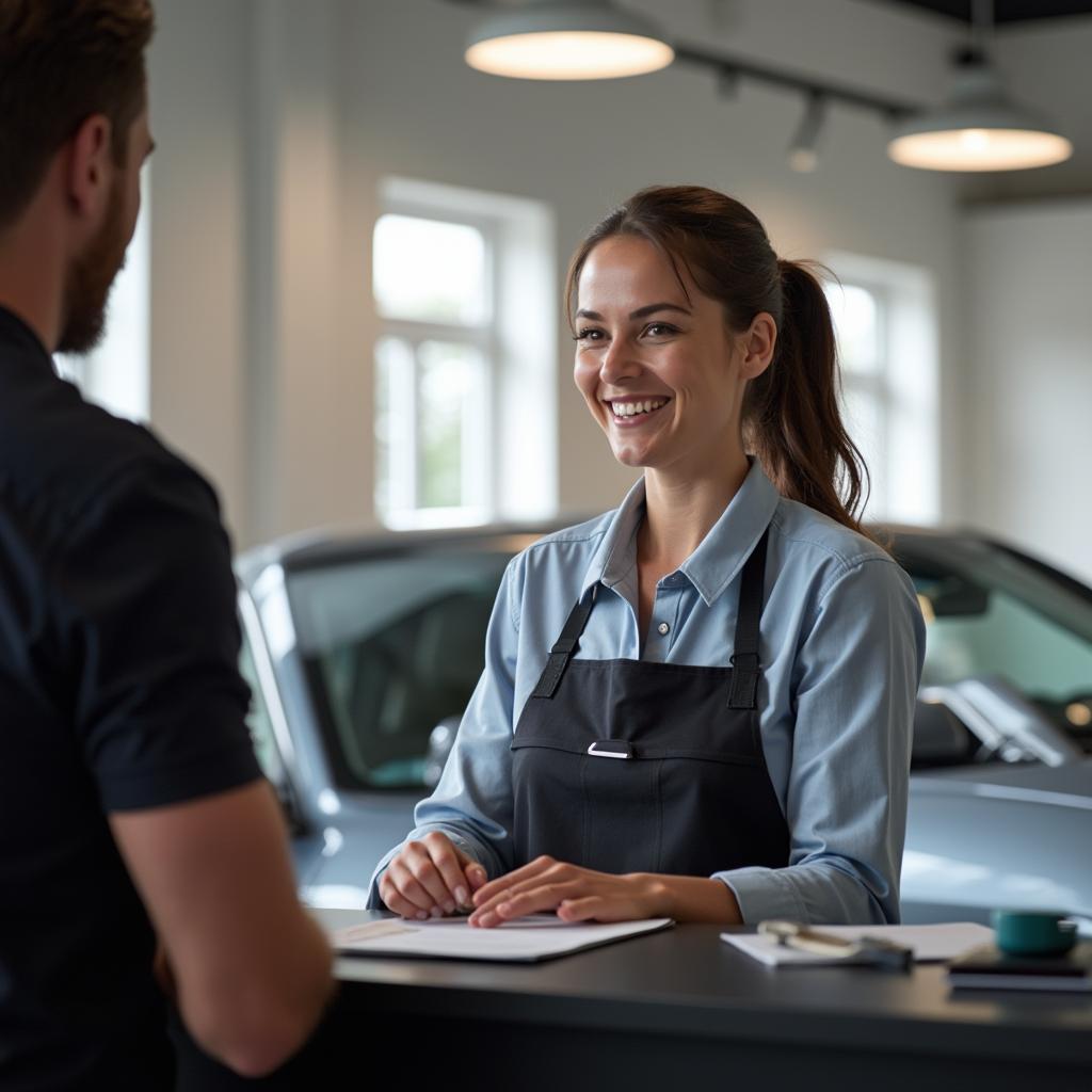 Friendly staff assisting customer at Auto Service Koppejan