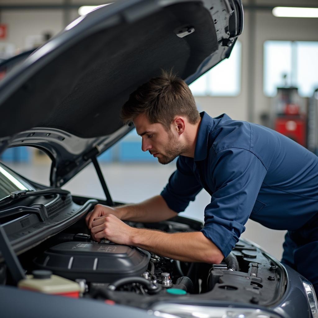 Mechanic inspecting a car in Lawrence KS