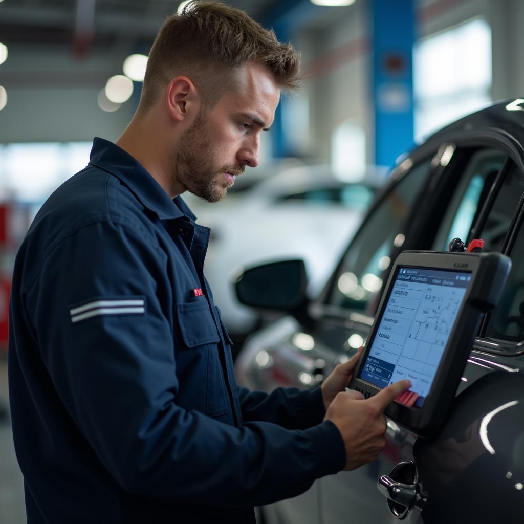 Skilled technician performing car diagnostics