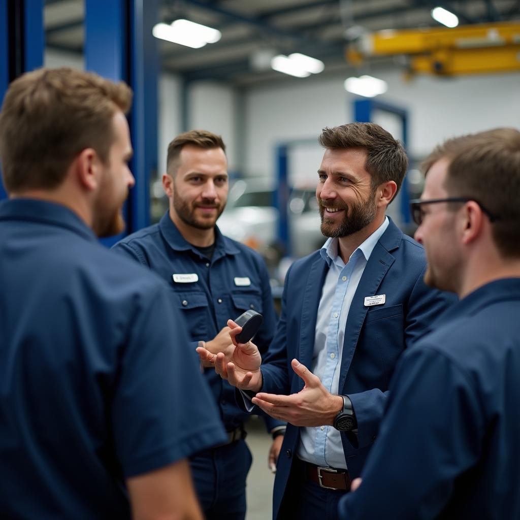 Auto service manager leading a team of technicians