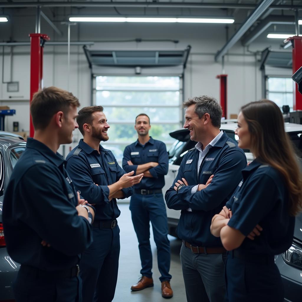 Auto Service Manager Leading a Team Meeting