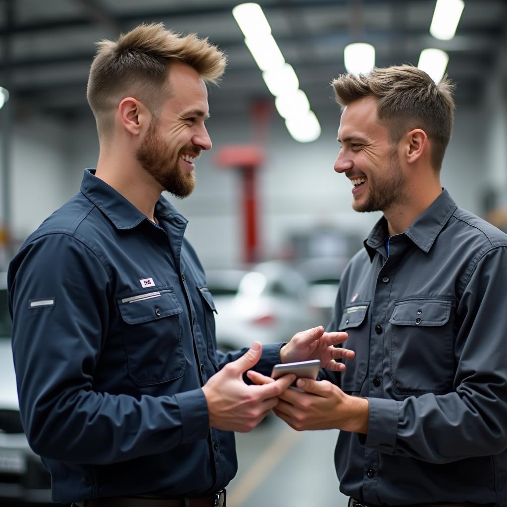 Auto service mechanic in Glen Allen discussing car repairs with a customer.