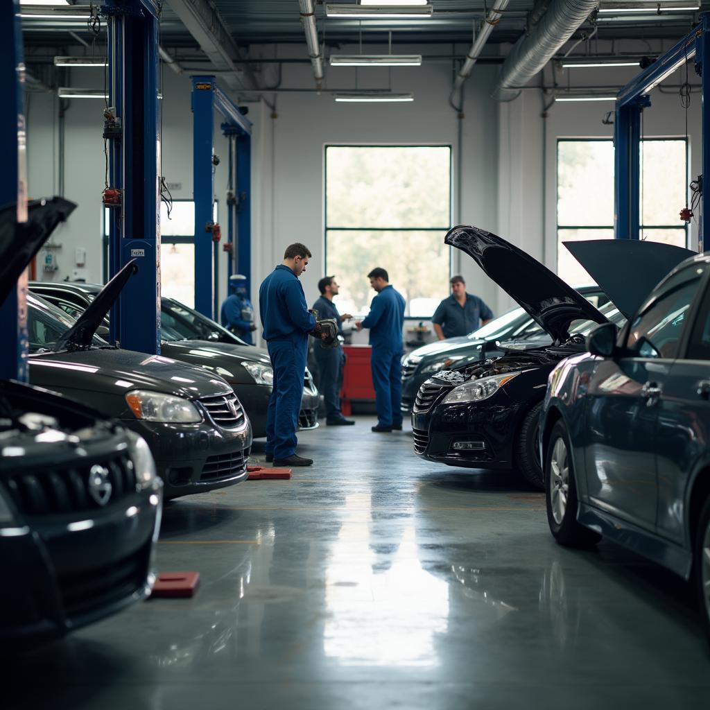 A bustling auto service repair shop in Glen Allen with mechanics working on vehicles.