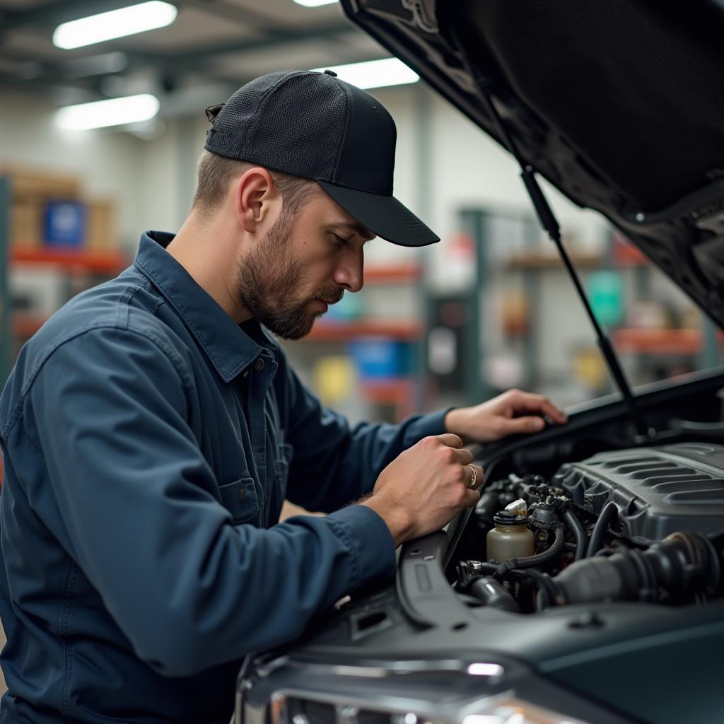 Mechanic performing preventative maintenance on a car in Monroe OH