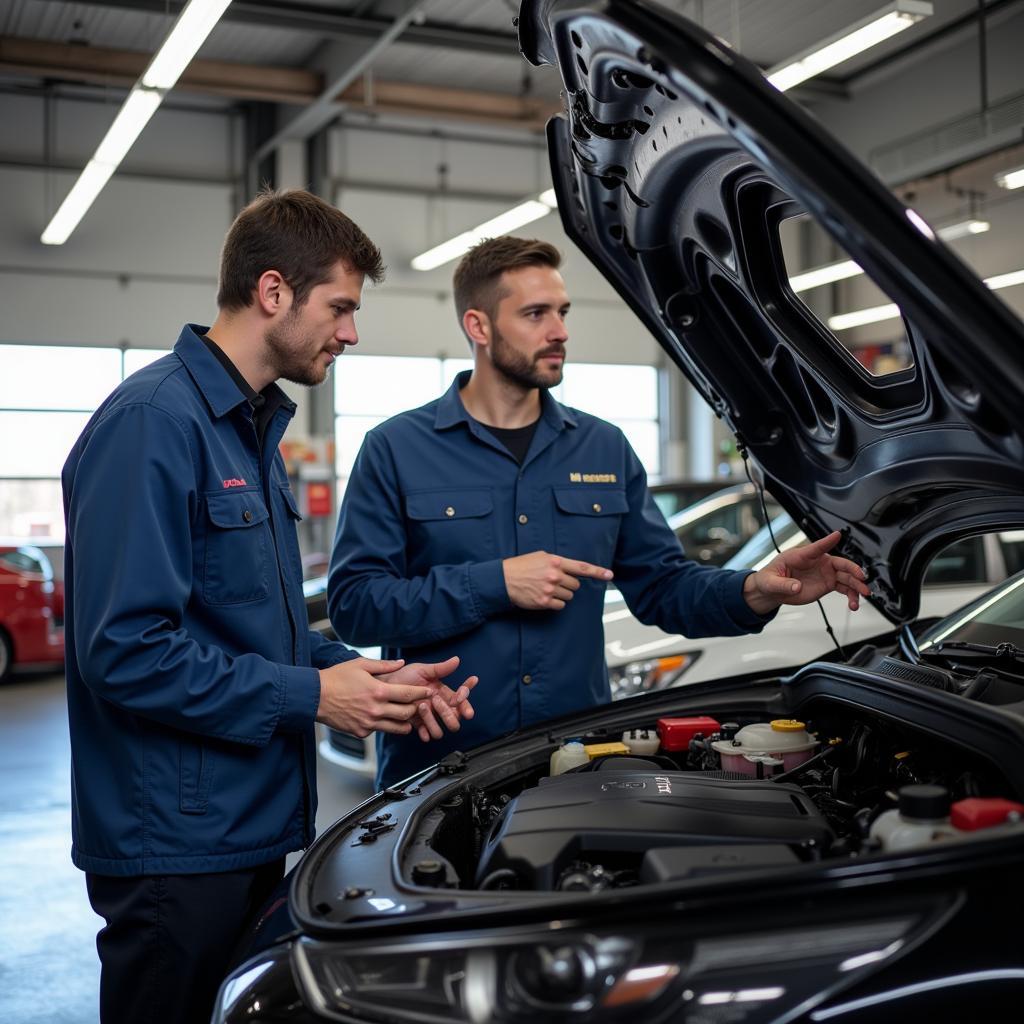 Mechanic discussing car issues with a customer