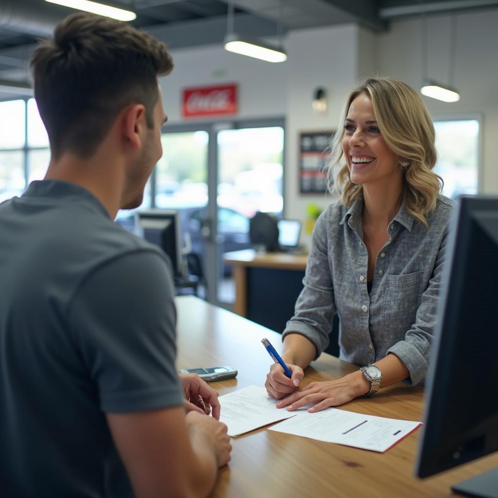 A customer signing paperwork at the counter of an auto service center