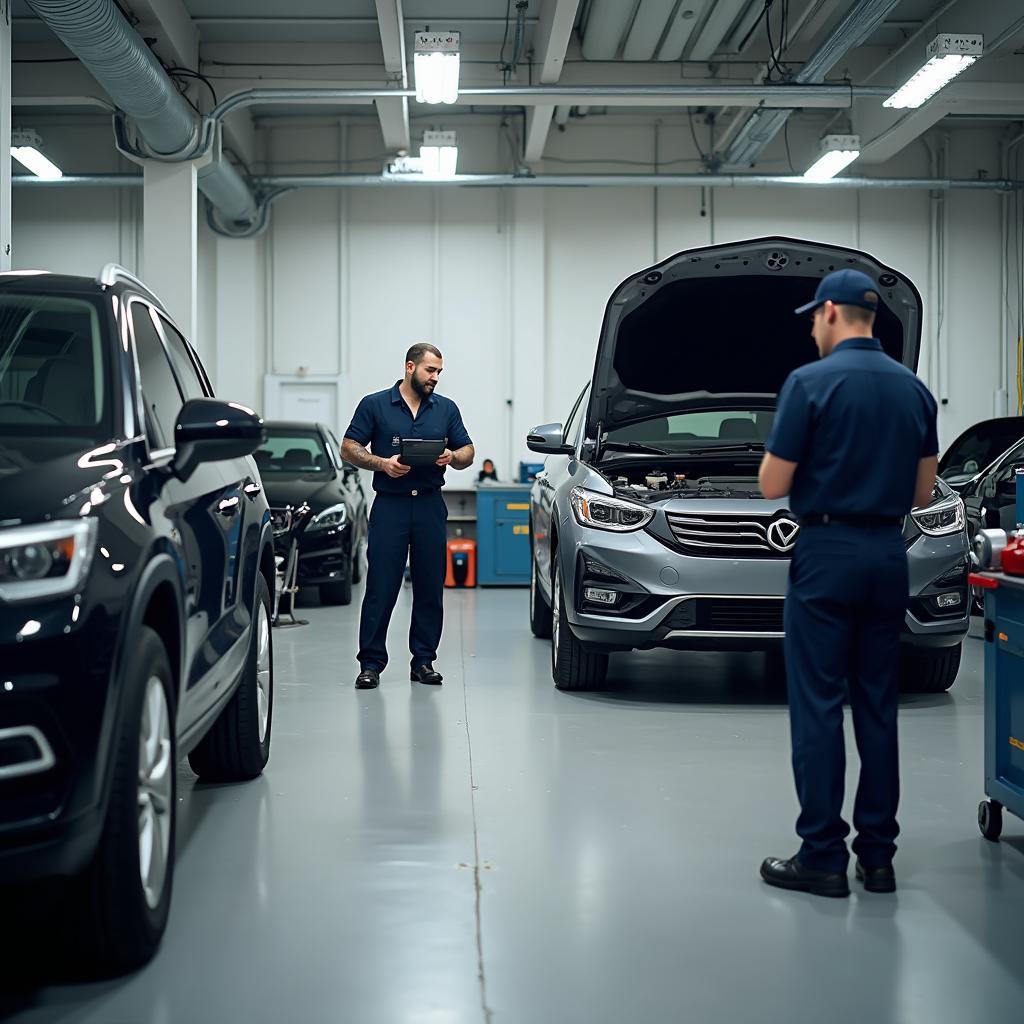 Modern auto repair garage with technicians working on vehicles