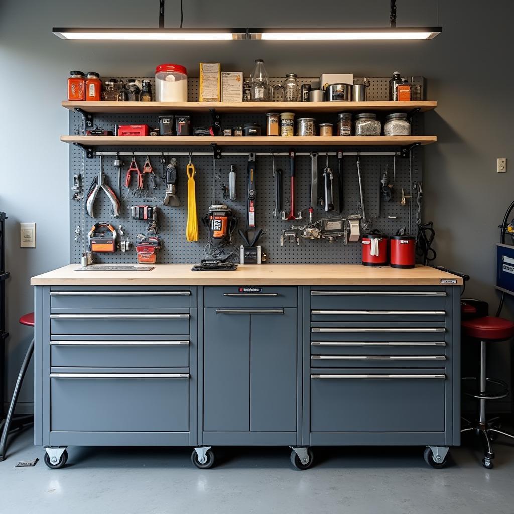 Organized auto service podium with tools and parts