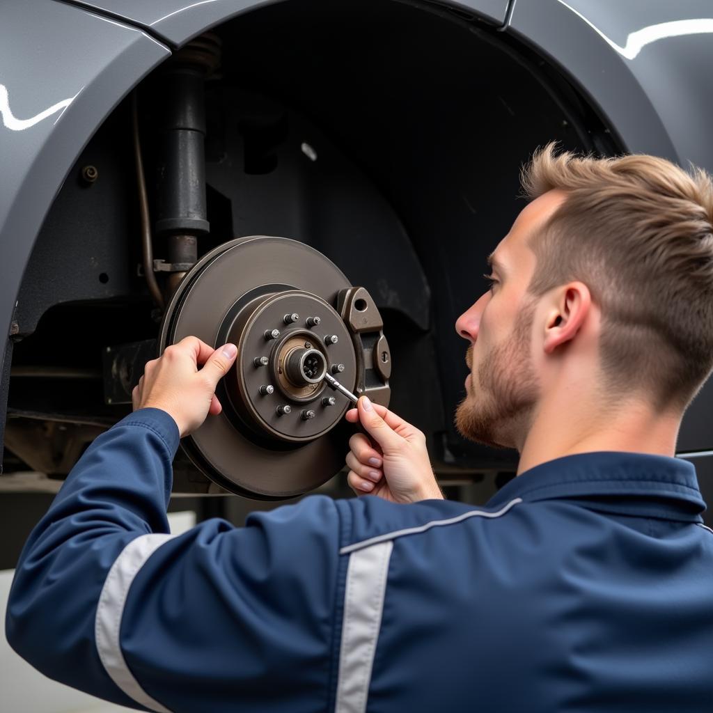  Mechanic inspecting car brakes at an auto service center in Port Orange