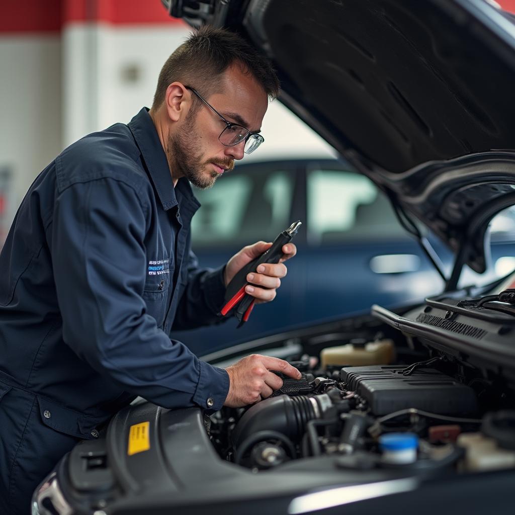 Mechanic inspecting a car engine in Burnaby