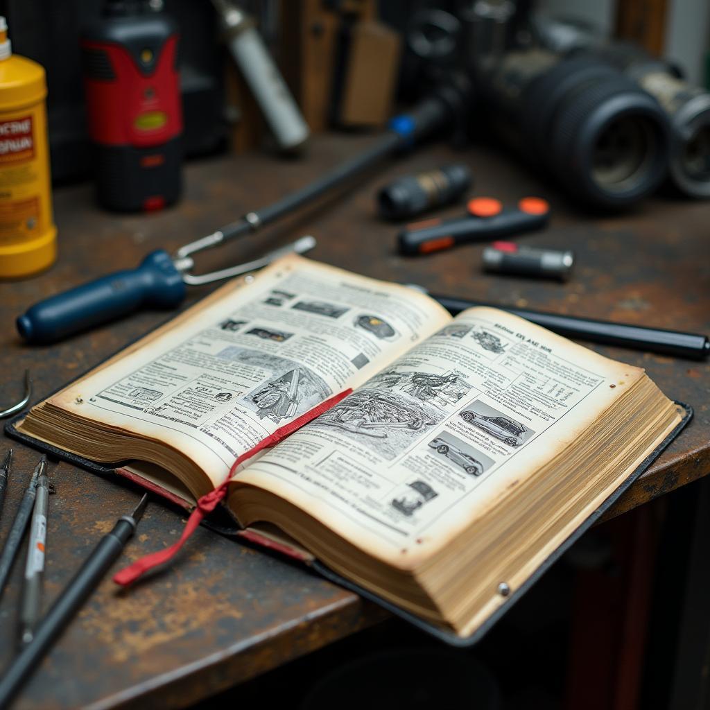 Auto service repair manual open on a workbench with tools.