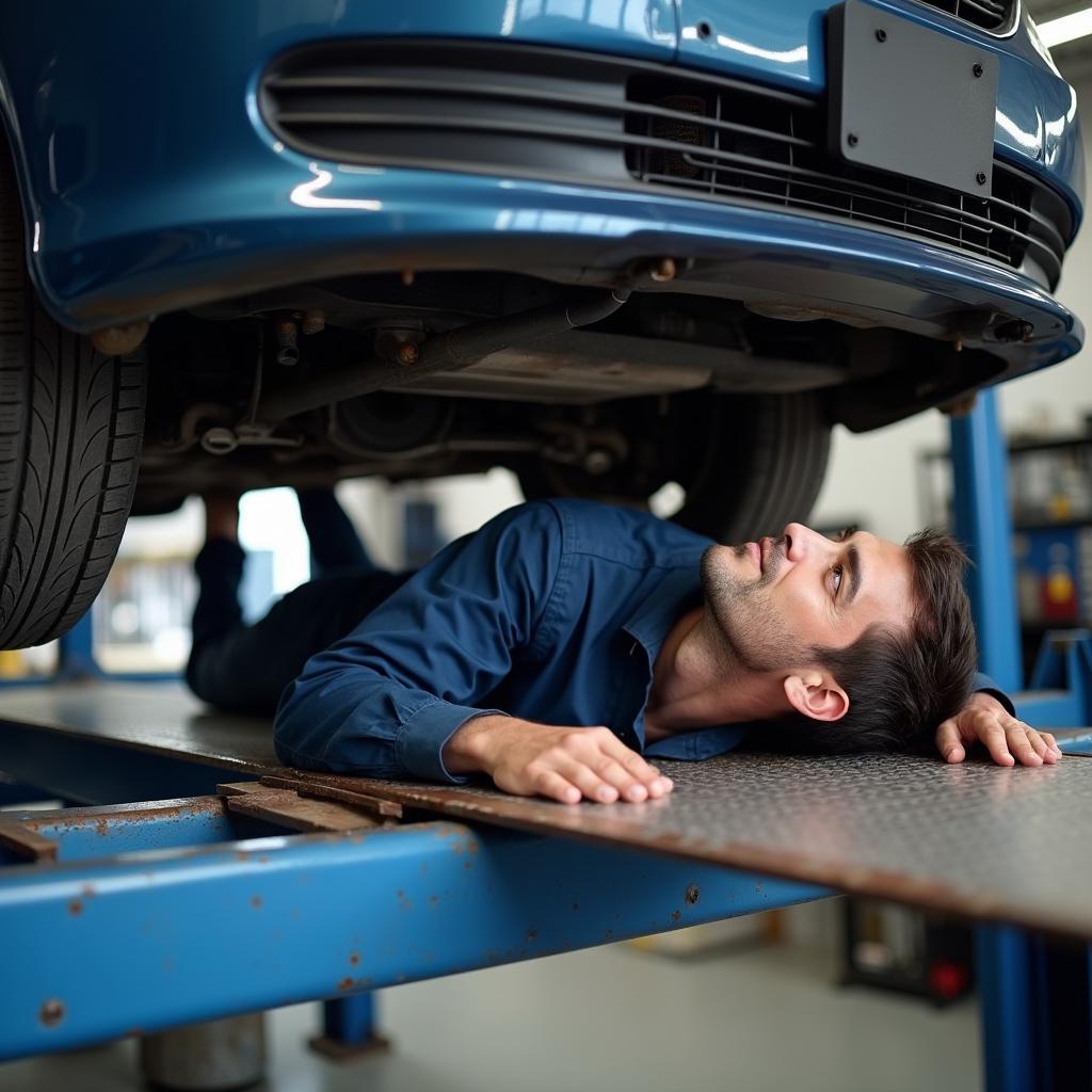 Mechanic inspecting car from below on a lift in Roanoke, VA