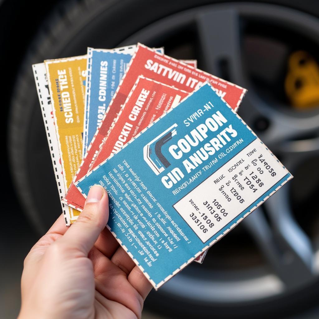 Hand holding discount coupons for auto service