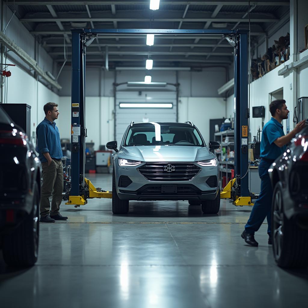 Modern auto service shop interior with a car on a lift.