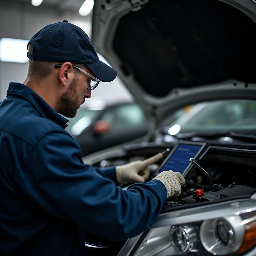 Mechanic using diagnostic equipment in Stanley