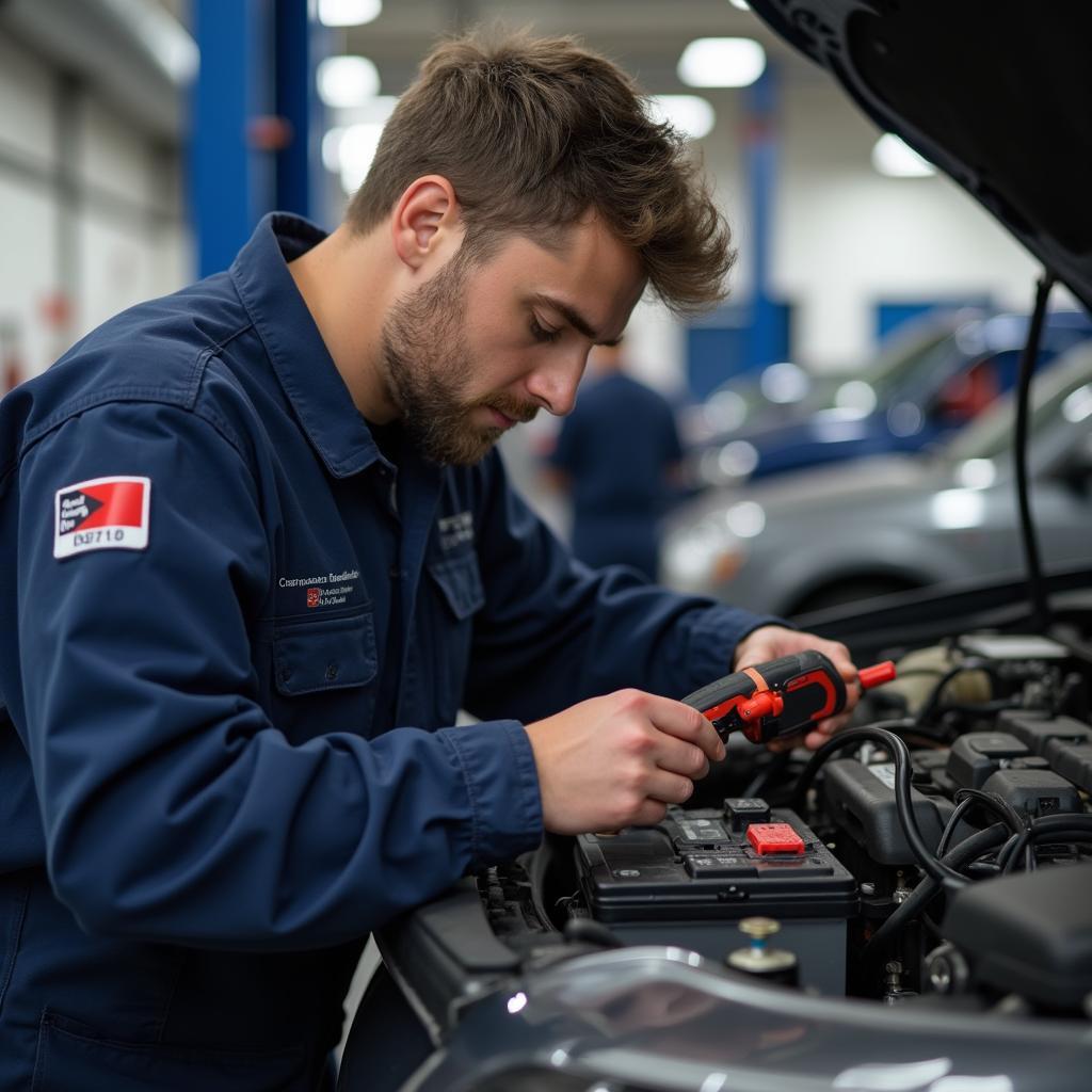 Auto service technician checking a car battery