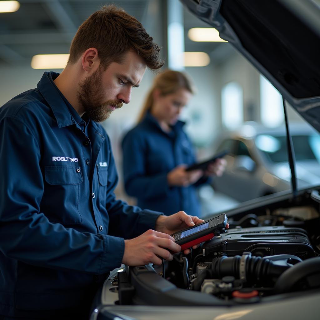 Skilled auto service technician using diagnostic equipment on a car in Bad Homburg