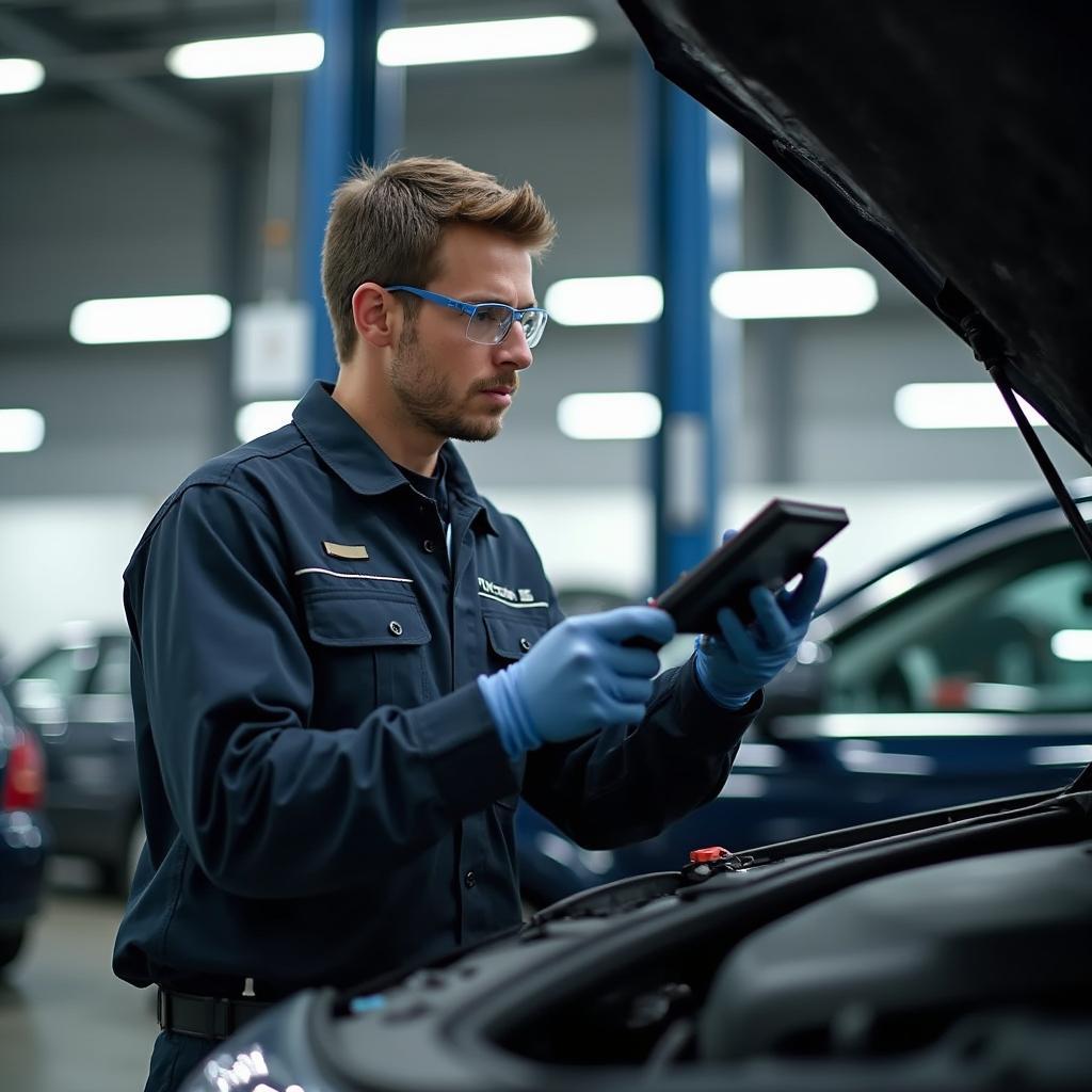 Auto Service Technician Diagnosing Car Problem