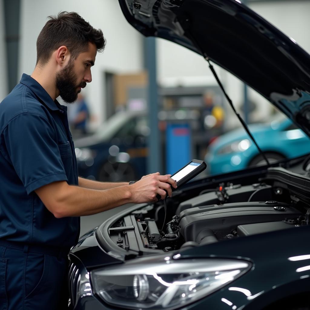 Experienced Auto Service Technician Diagnosing a Car Problem