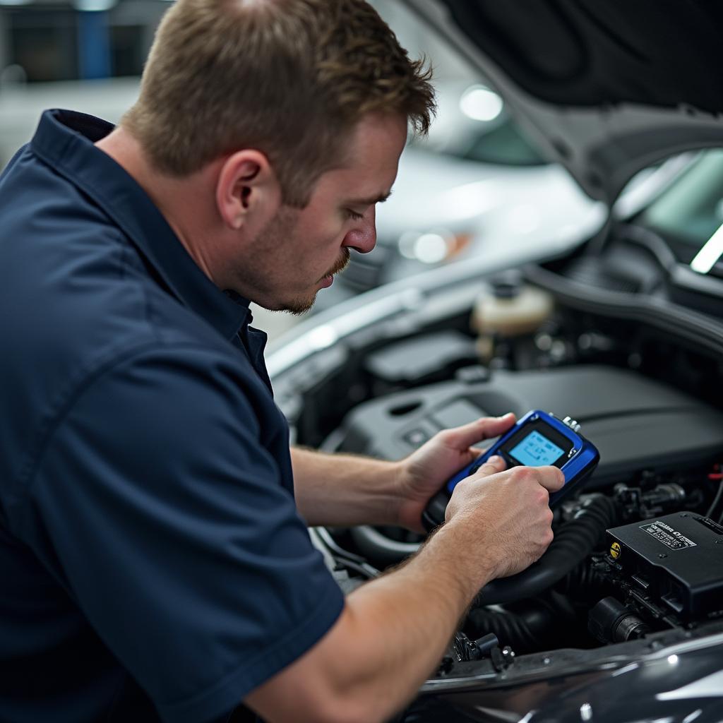 Auto service technician diagnosing car problem