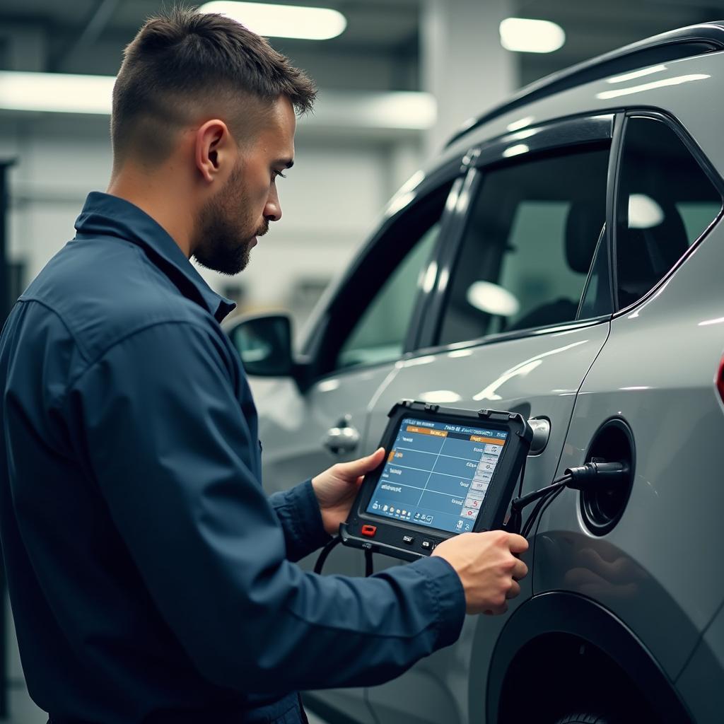 Auto Service Technician Diagnosing Vehicle