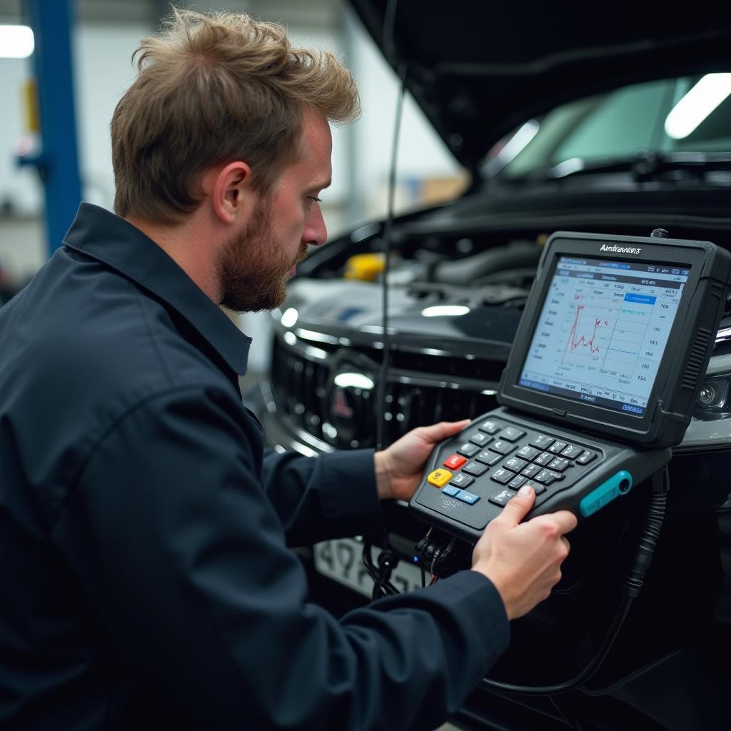 Experienced technician performing car diagnostics