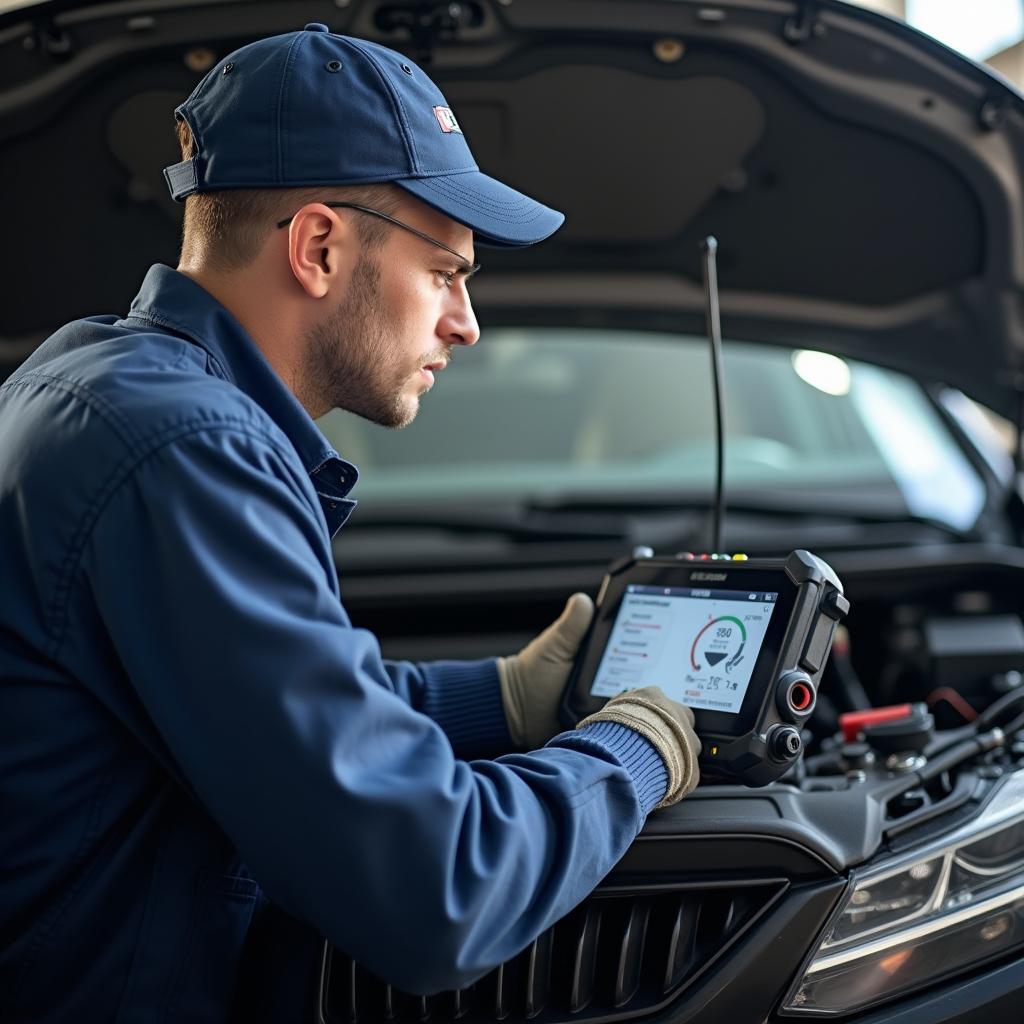 Auto service technician performing diagnostics