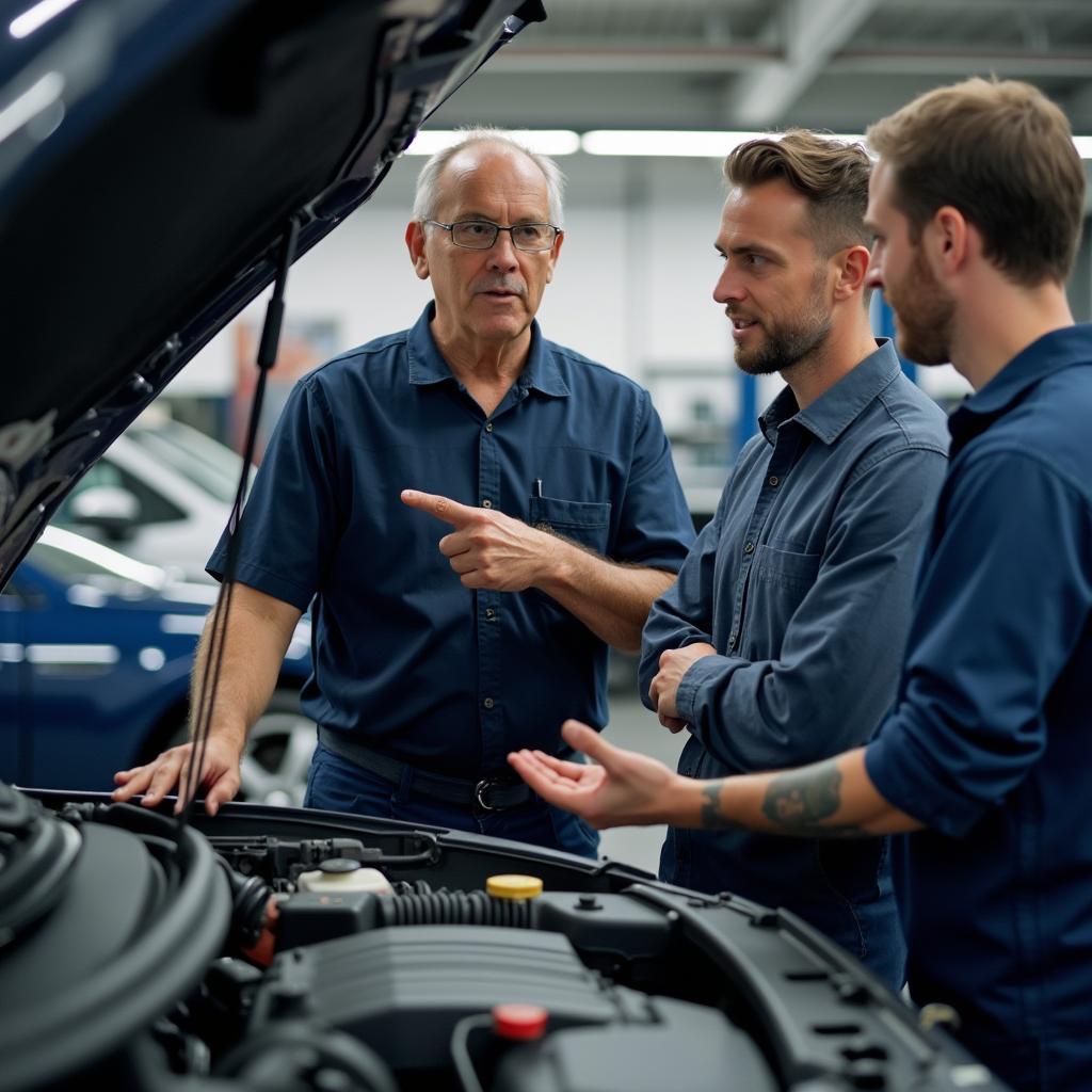 An auto service technician in Santa Ana explains car repairs to a customer