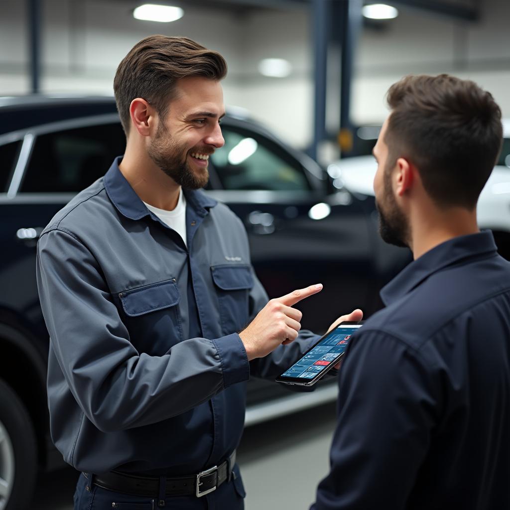 Auto Service Technician Discussing Repairs with Customer