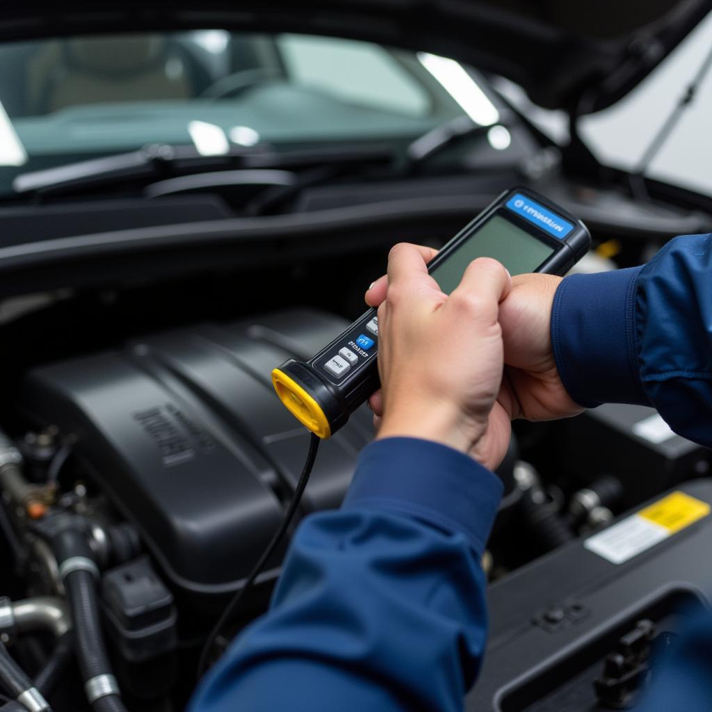 Skilled technician performing car diagnostics