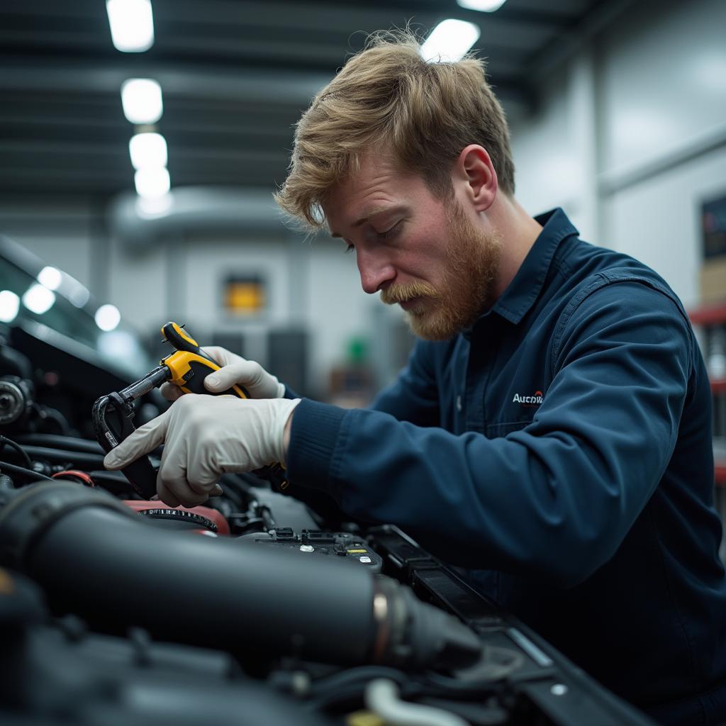 Certified technician performing a multi-point inspection on a vehicle