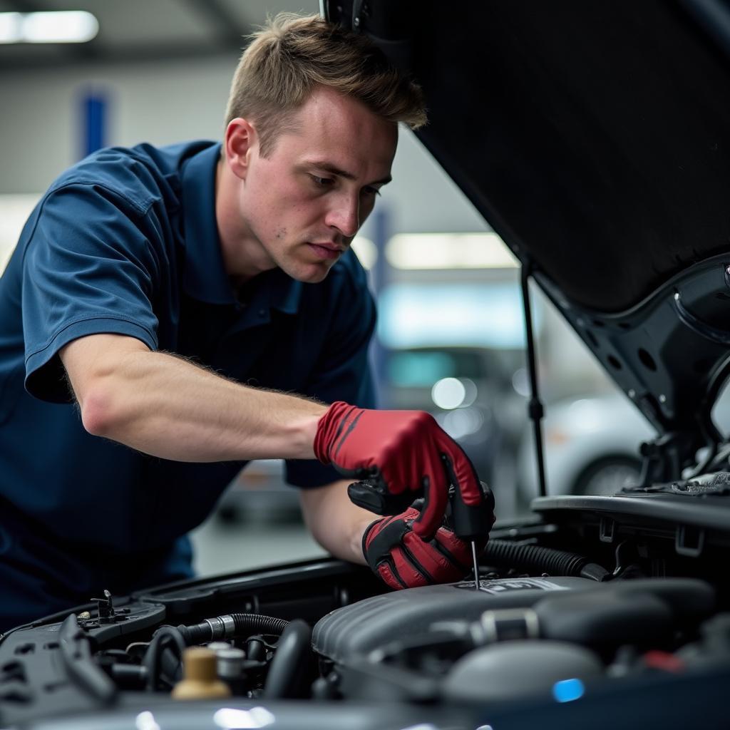 Auto Service Technician Inspecting Engine in Silver Lake