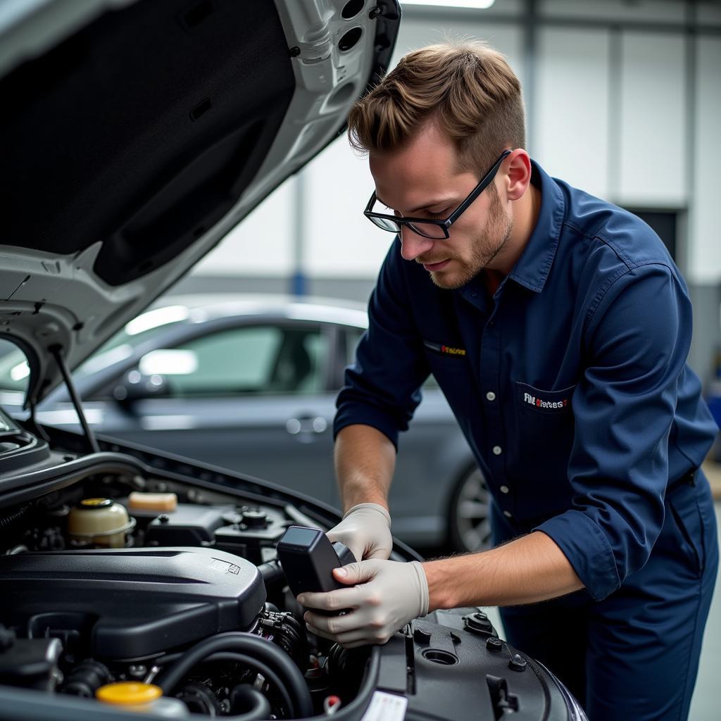 Auto Service Technician Performing Diagnostics