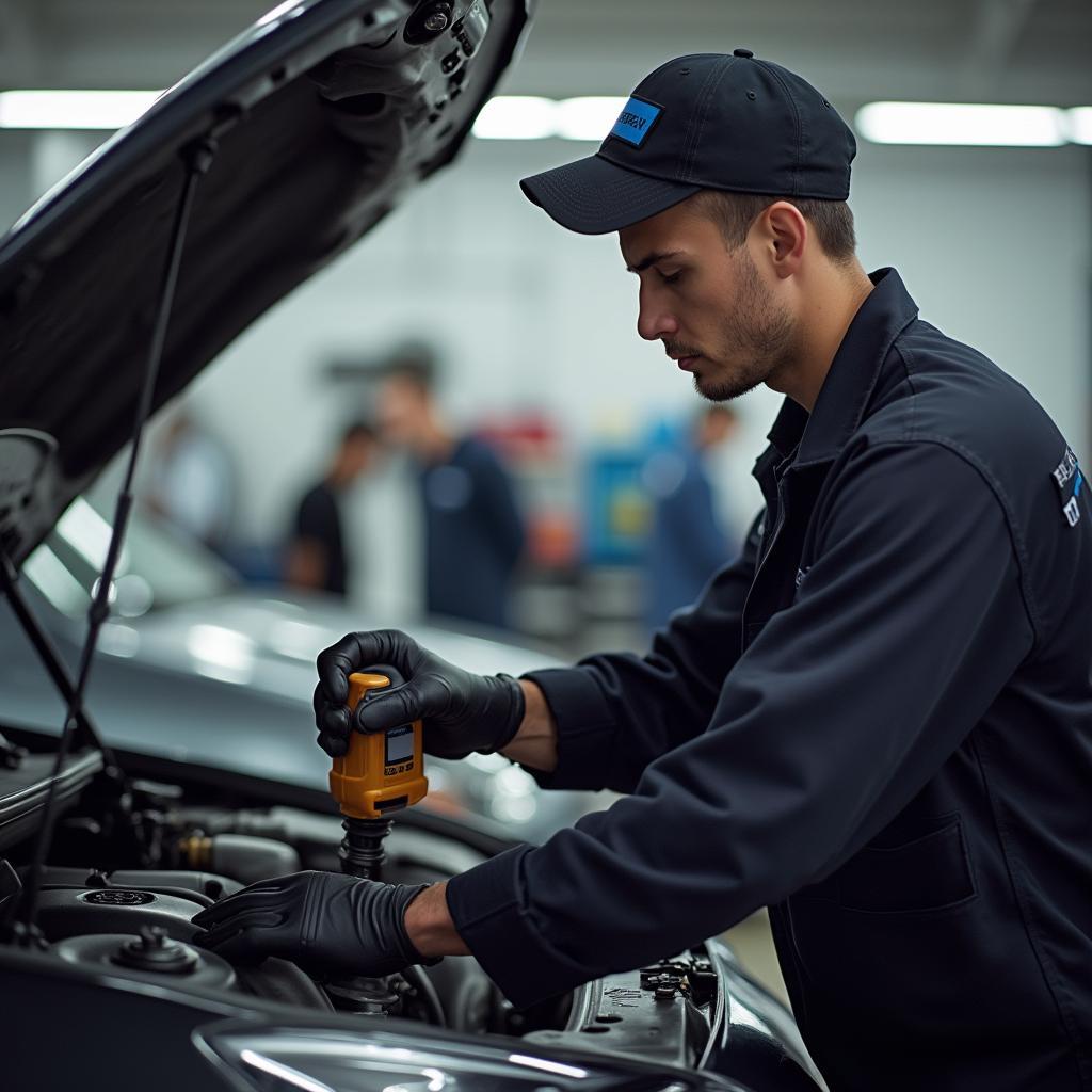  Auto Service Technician Performing Oil Change 