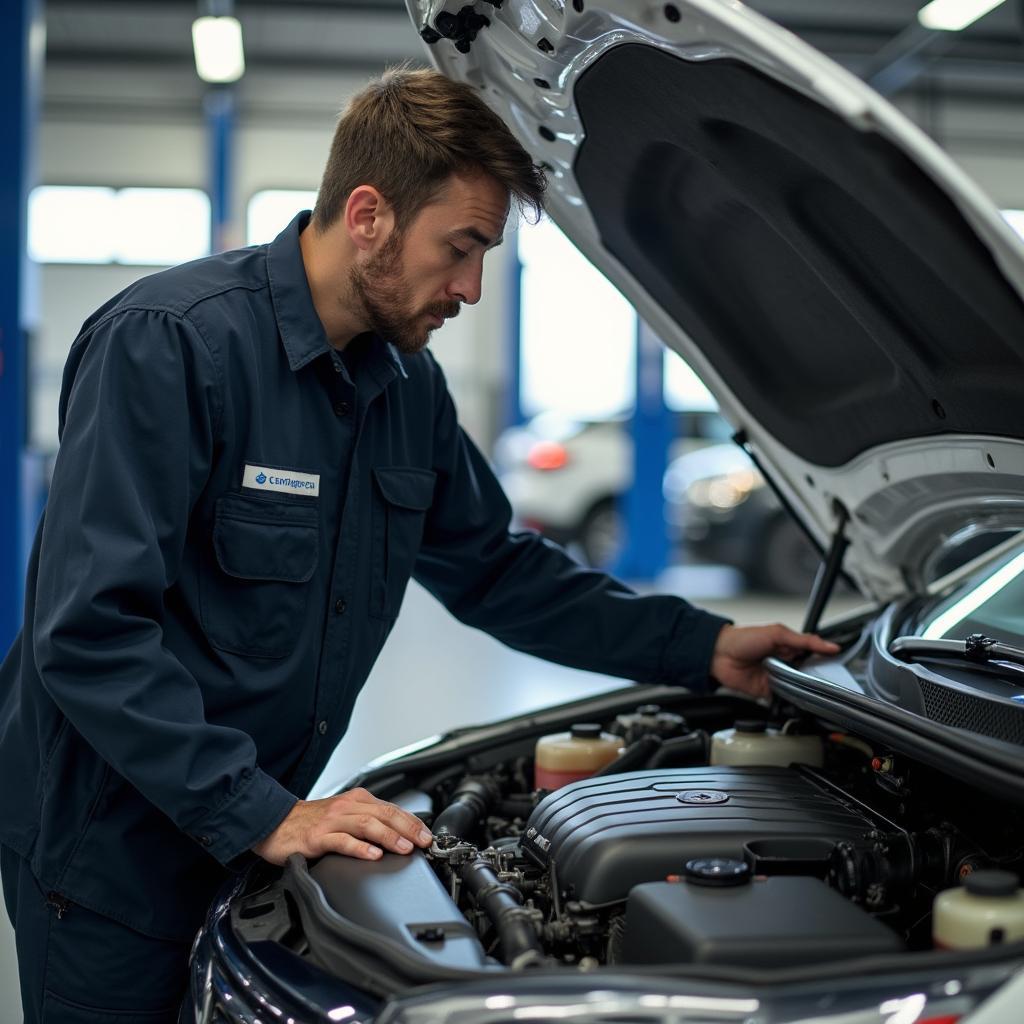 An auto service technician inspecting a car in a Scarborough garage