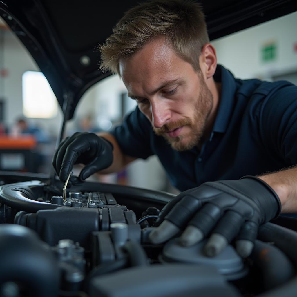 Skilled technician examining car engine in Southbridge