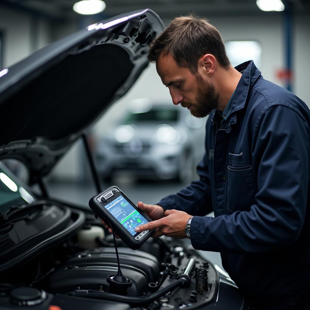 Auto Service Technician Using Diagnostic Tool