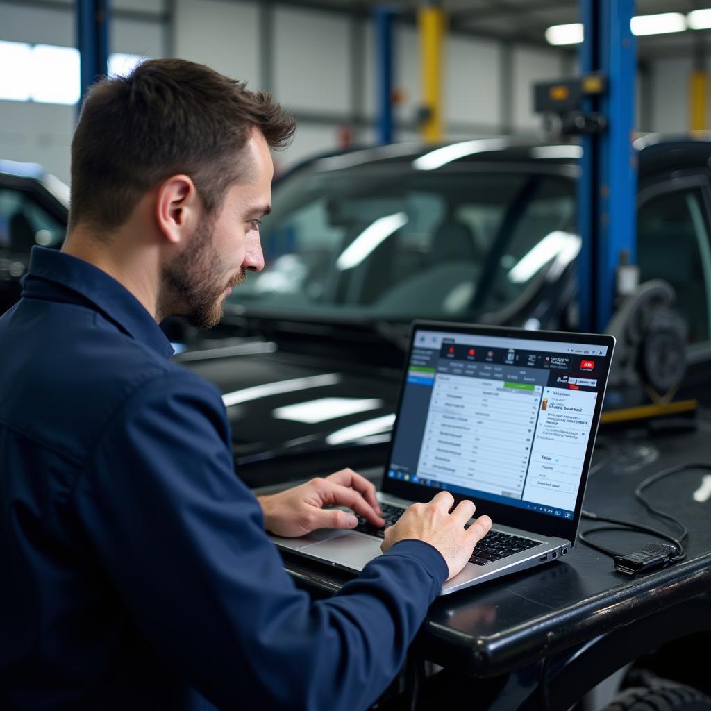 Auto service technician using a laptop to diagnose a vehicle